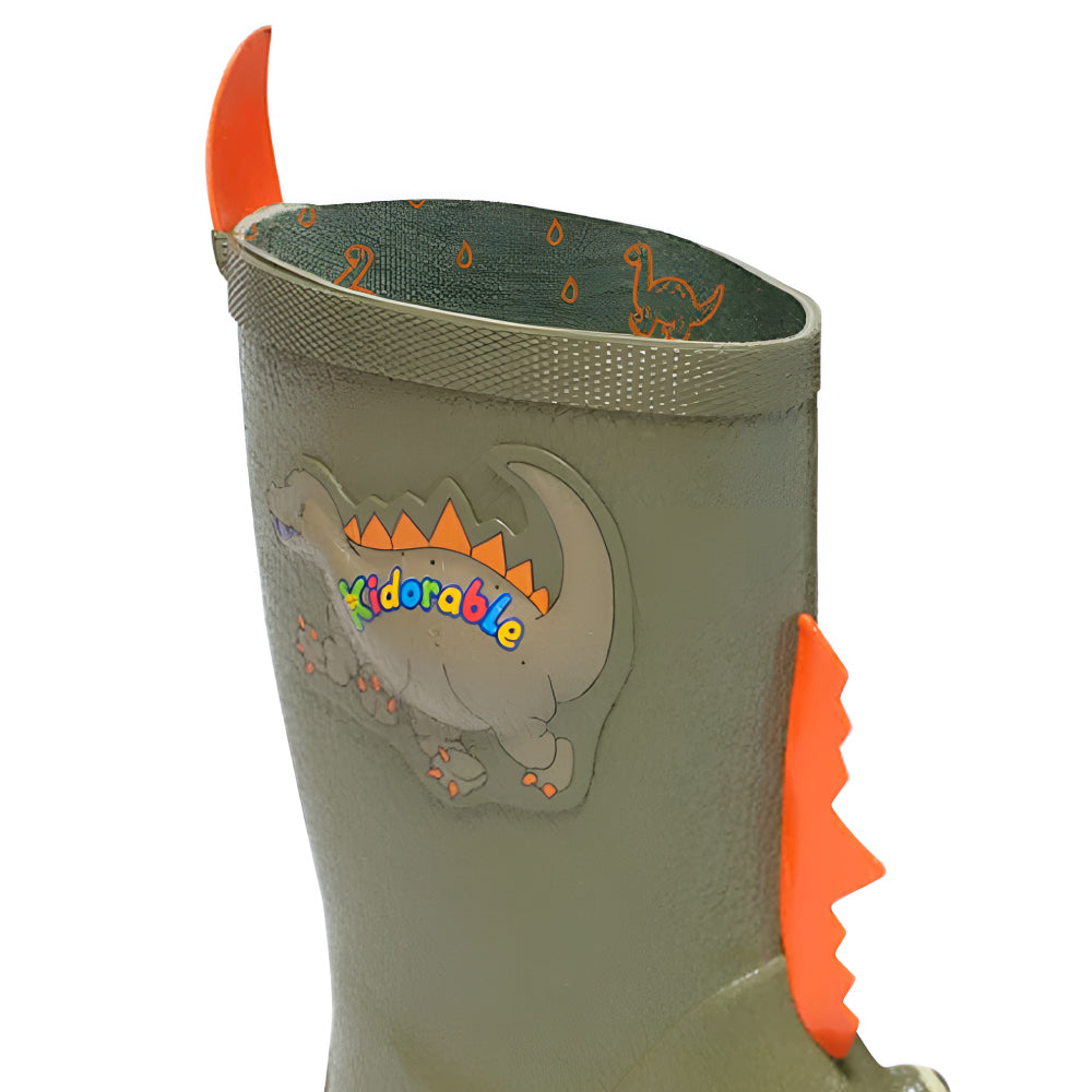 Kidorable Dinosaur Rain Boots featuring spikes, teeth, and scaly skin design, perfect for adventurous kids.