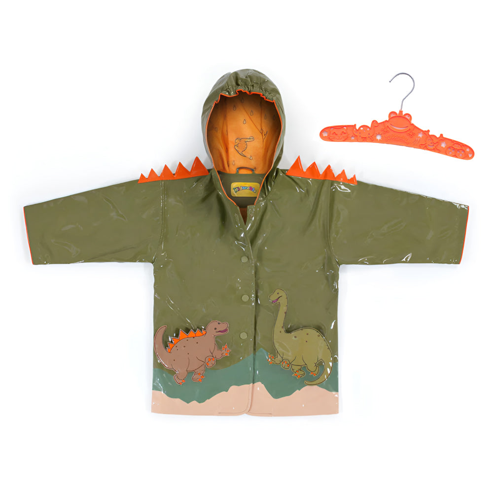 A colorful Dinosaur Raincoat featuring spiky shoulders and playful dinosaur pockets, perfect for kids.