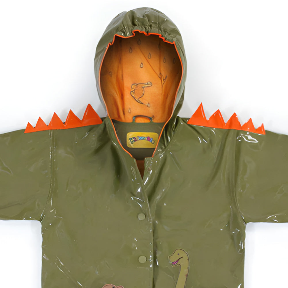 A colorful Dinosaur Raincoat featuring spiky shoulders and playful dinosaur pockets, perfect for kids.