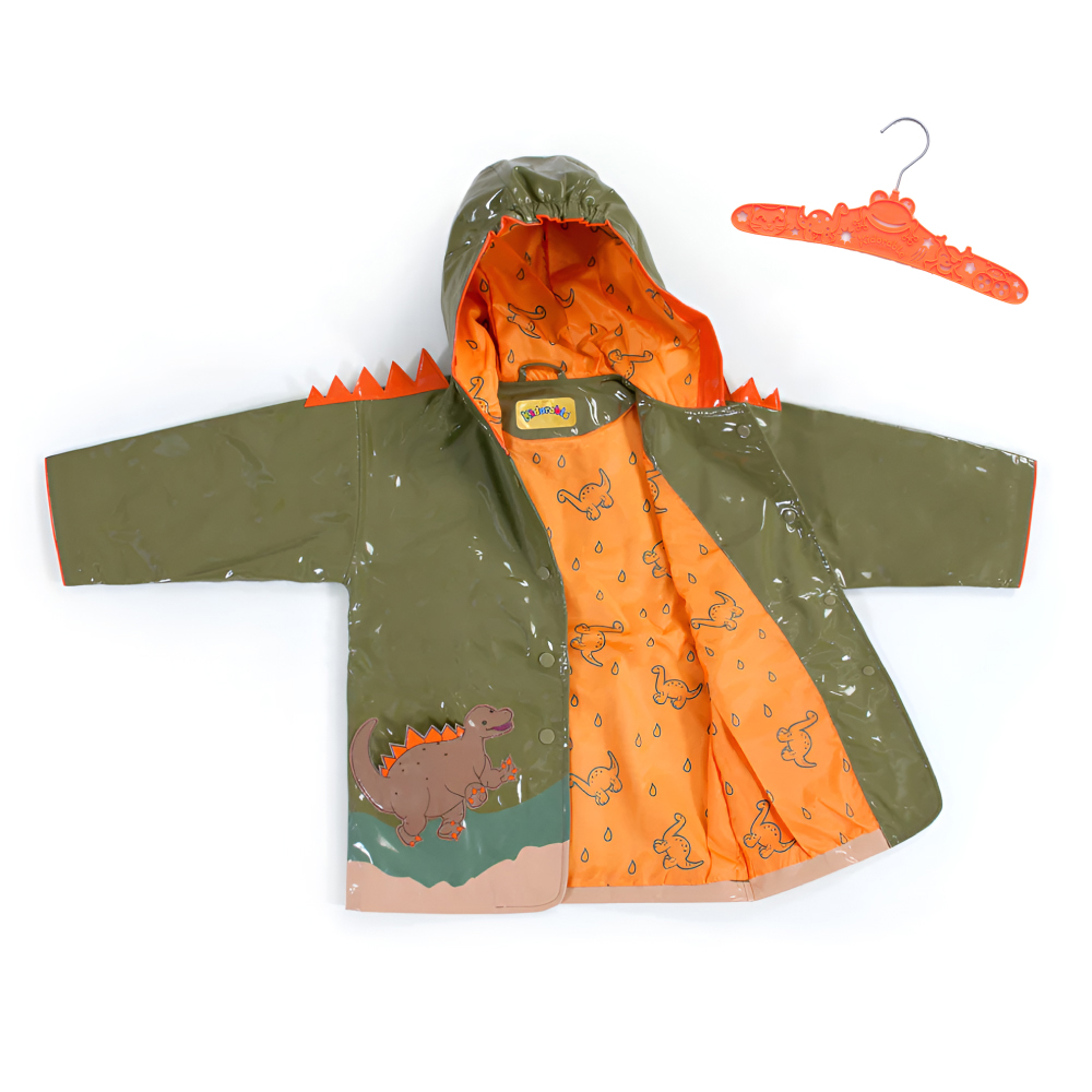 A colorful Dinosaur Raincoat featuring spiky shoulders and playful dinosaur pockets, perfect for kids.