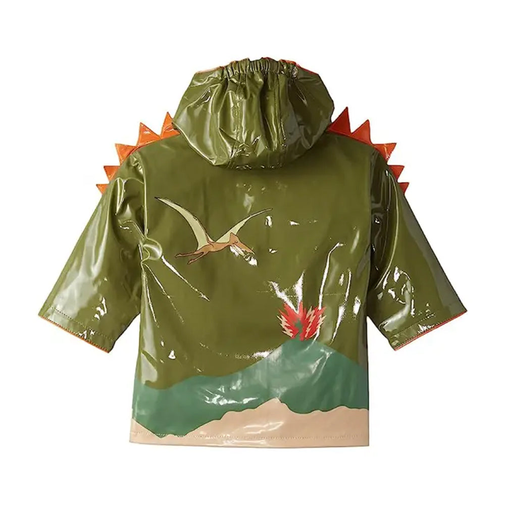 A colorful Dinosaur Raincoat featuring spiky shoulders and playful dinosaur pockets, perfect for kids.