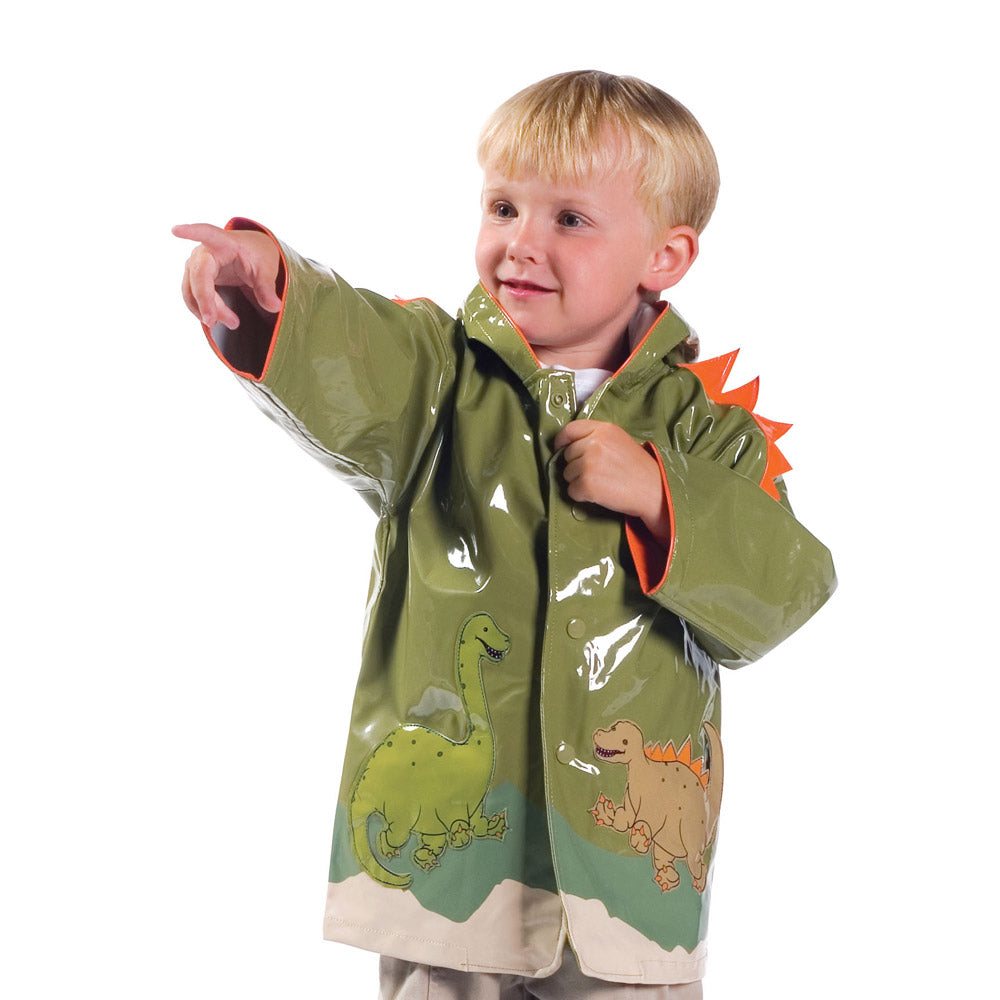 A colorful Dinosaur Raincoat featuring spiky shoulders and playful dinosaur pockets, perfect for kids.