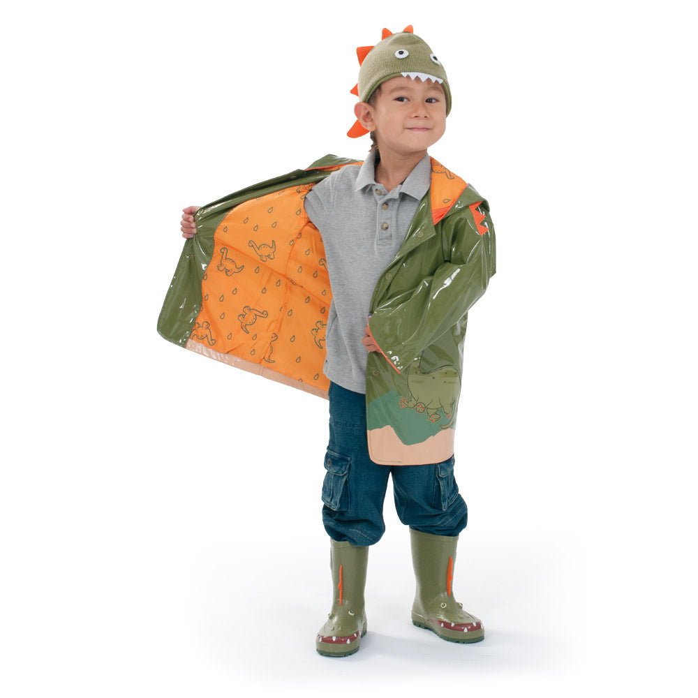 A colorful Dinosaur Raincoat featuring spiky shoulders and playful dinosaur pockets, perfect for kids.