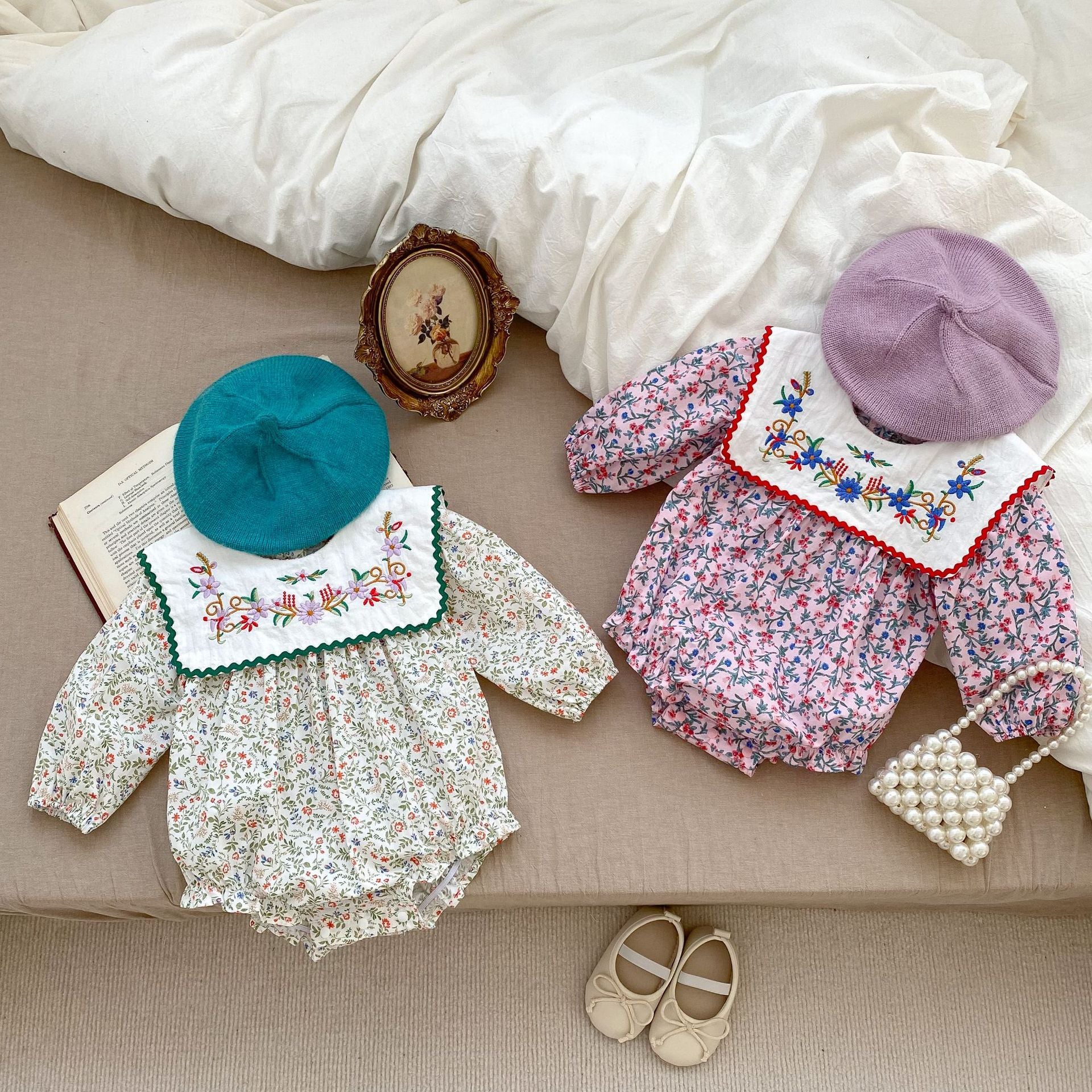 Ditsy Flower Pattern Lapel Beautiful Onesies in purple and green for baby girls, featuring a floral design and soft cotton material.