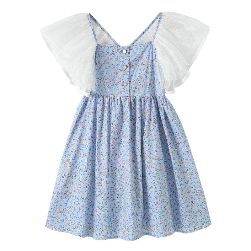 A charming blue dress with a ditsy flower pattern and mesh flying sleeves, perfect for summer wear for girls aged 5-12.