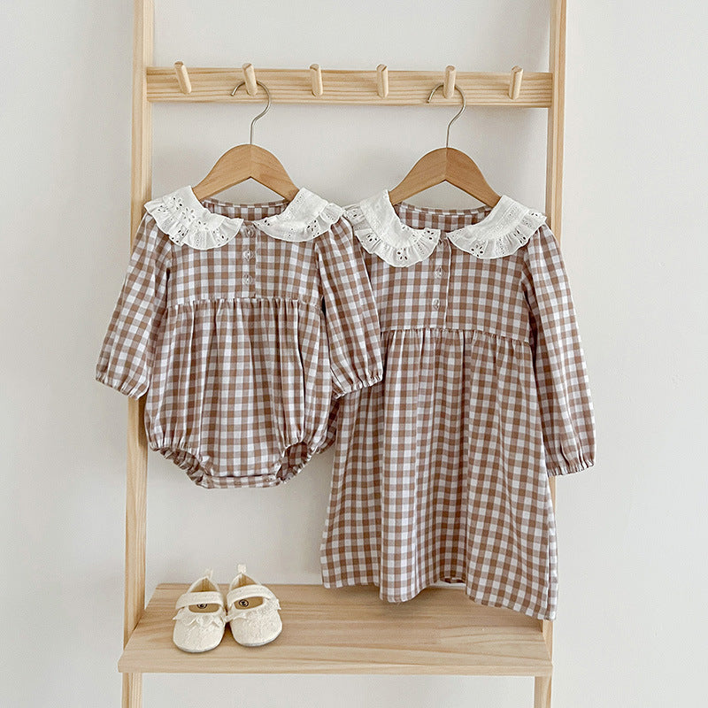 Doll Neck Plaid Pattern Long Sleeve Onesies in white and brown colors, made from soft cotton, perfect for baby girls.