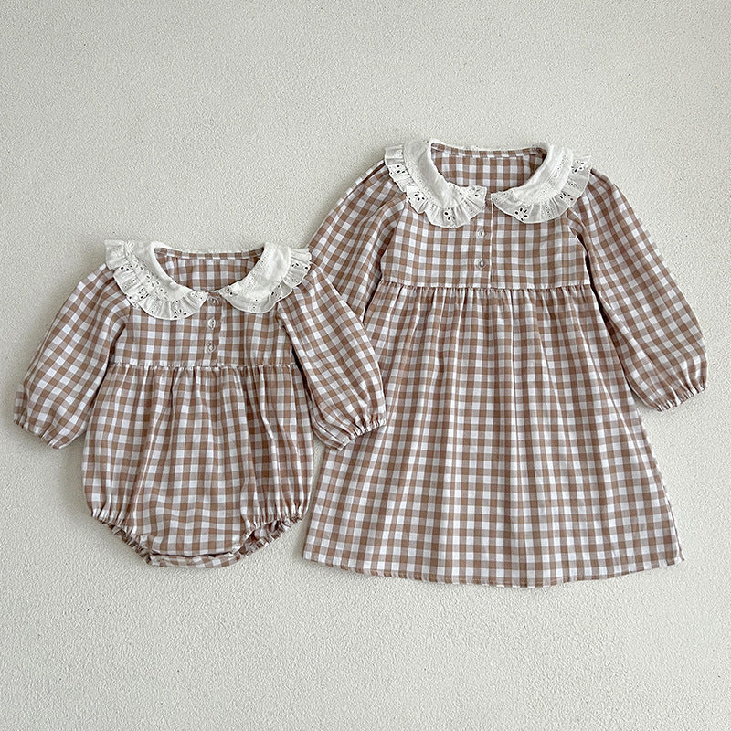 Doll Neck Plaid Pattern Long Sleeve Onesies in white and brown colors, made from soft cotton, perfect for baby girls.