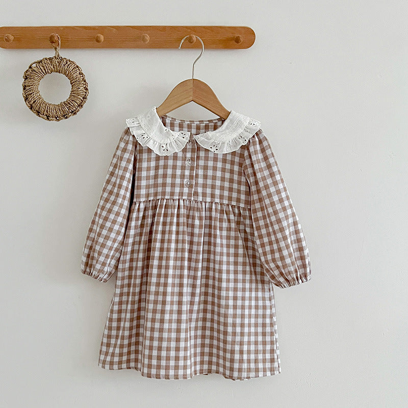 Doll Neck Plaid Pattern Long Sleeve Onesies in white and brown colors, made from soft cotton, perfect for baby girls.