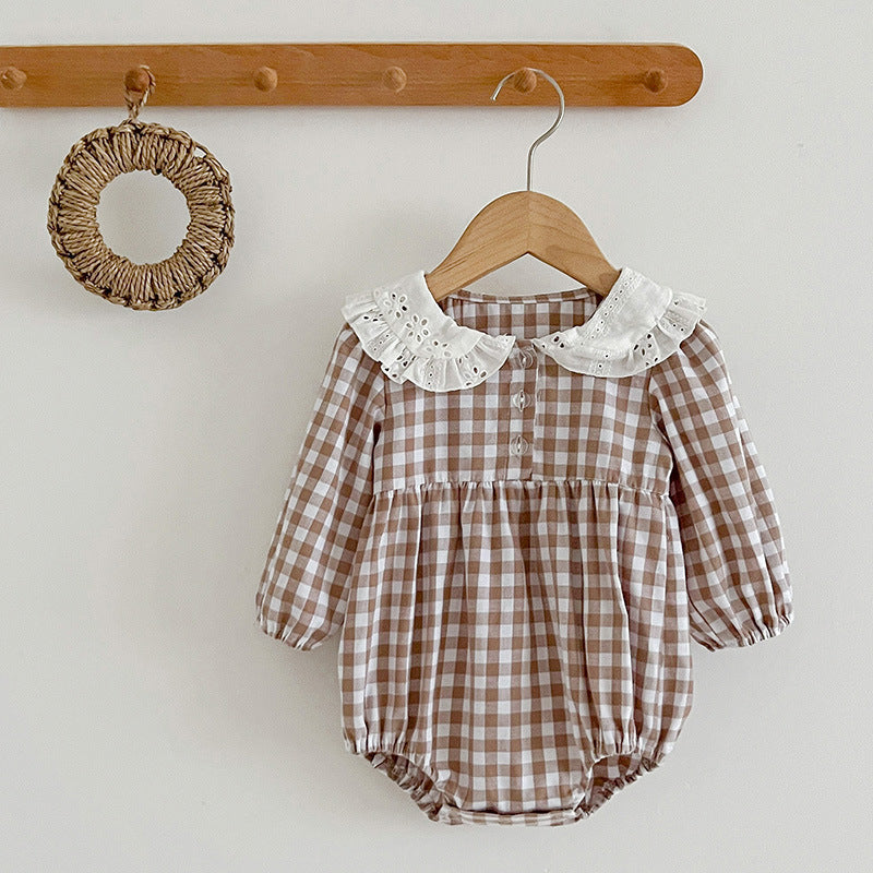 Doll Neck Plaid Pattern Long Sleeve Onesies in white and brown colors, made from soft cotton, perfect for baby girls.