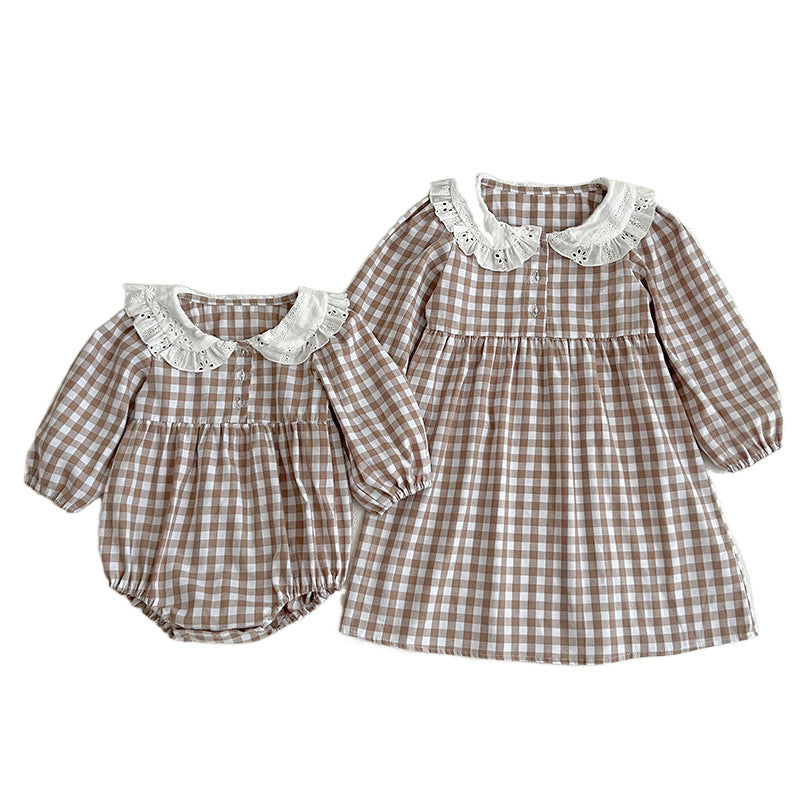 Doll Neck Plaid Pattern Long Sleeve Onesies in white and brown colors, made from soft cotton, perfect for baby girls.