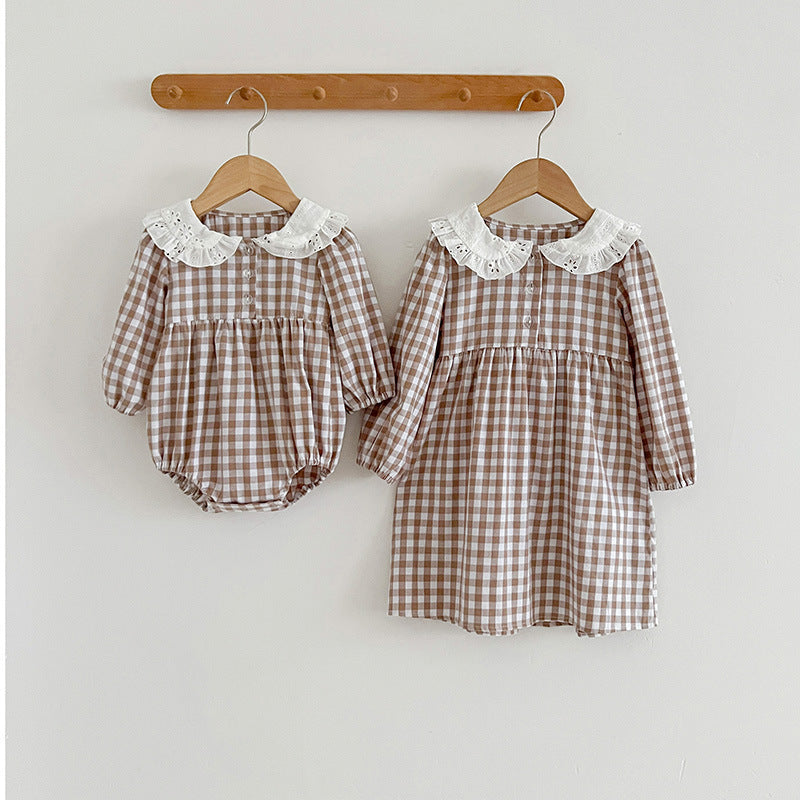 Doll Neck Plaid Pattern Long Sleeve Onesies in white and brown colors, made from soft cotton, perfect for baby girls.