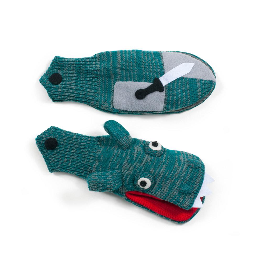 Kidorable Dragon Knight Mittens featuring puppet design with teeth and sword, perfect for imaginative play.