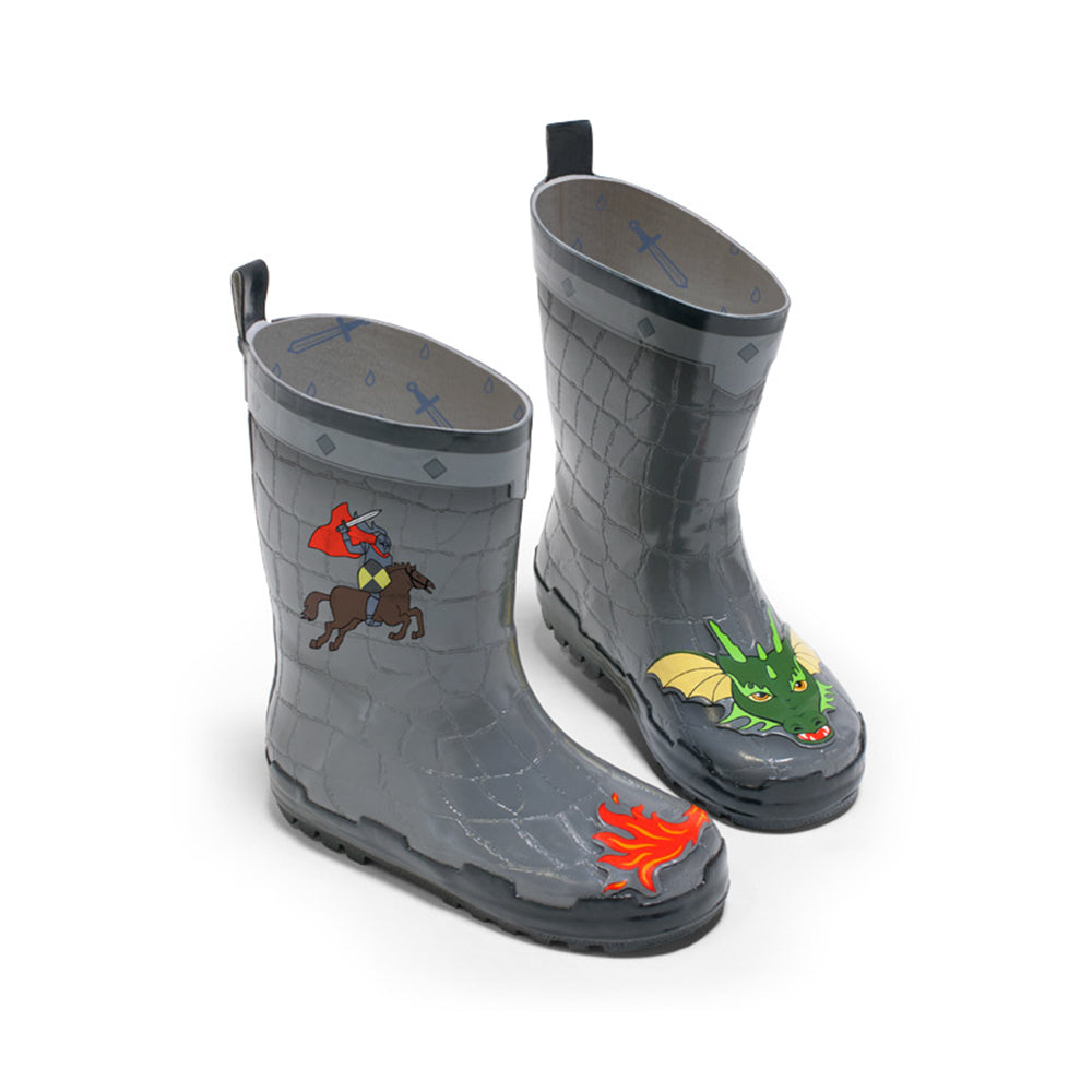 Kidorable Dragon Knight Rain Boots for toddlers, featuring a playful dragon design in grey natural rubber with a pull-on heel tab.