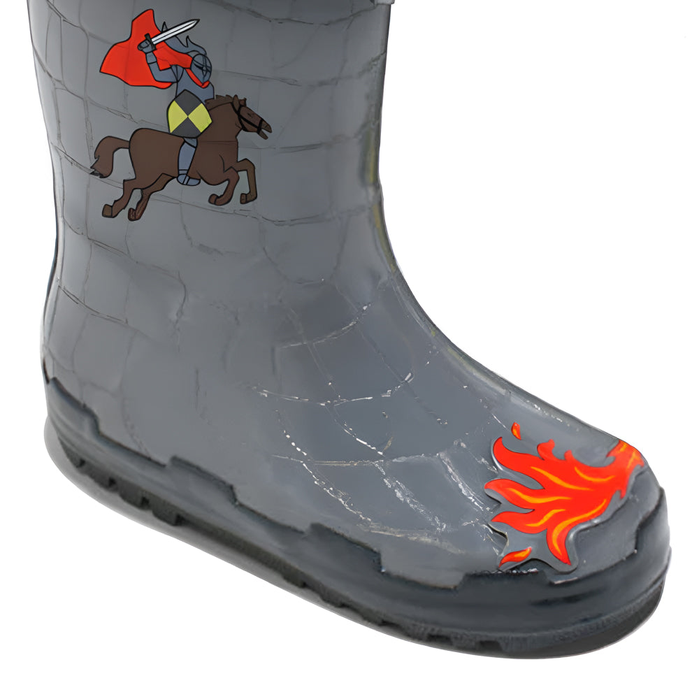 Kidorable Dragon Knight Rain Boots for toddlers, featuring a playful dragon design in grey natural rubber with a pull-on heel tab.