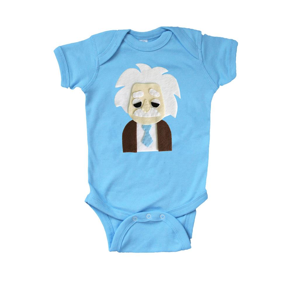 Handmade Einstein infant bodysuit featuring appliquéd felt pieces, soft fabric, and snap closures for easy dressing.