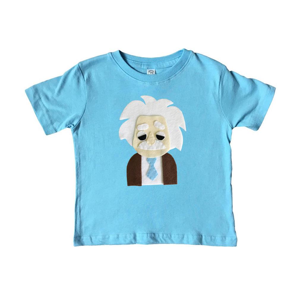 A vibrant blue kids shirt featuring a unique hand-stitched appliqué design of Albert Einstein, perfect for infants and toddlers.