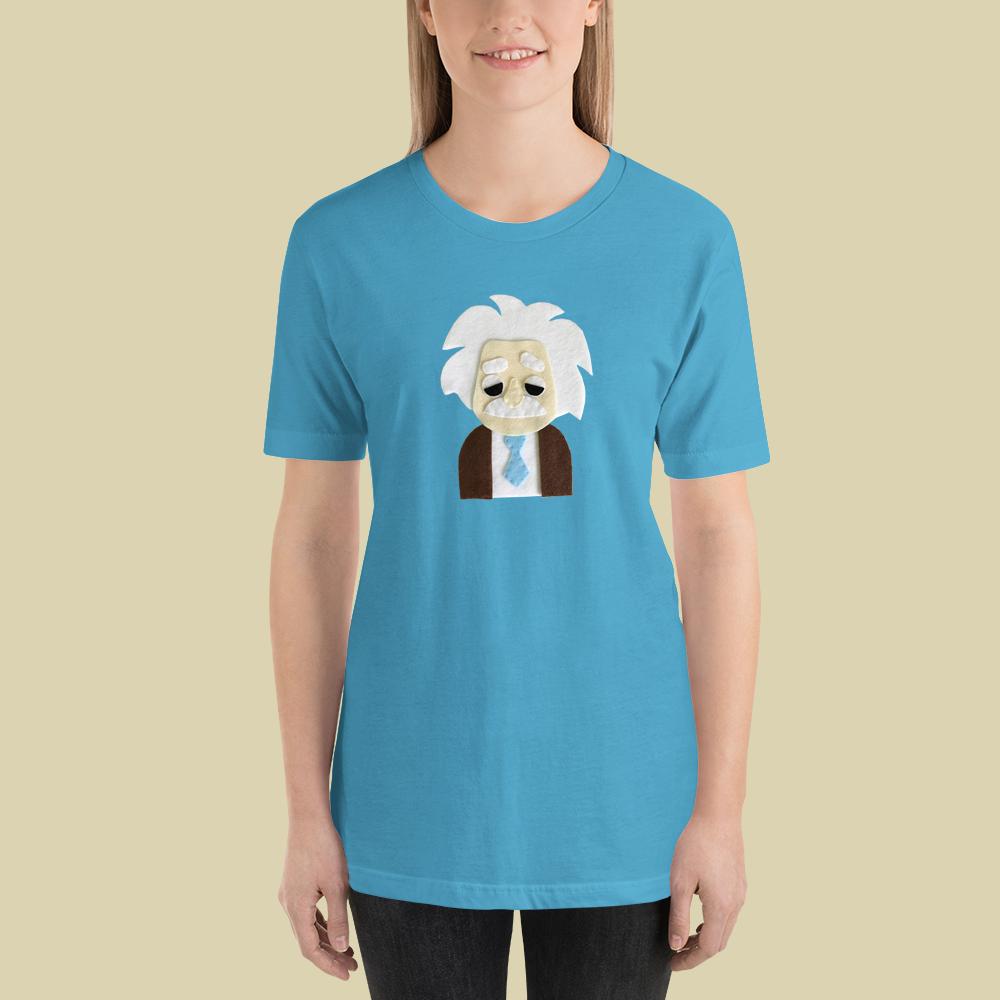 Handmade Einstein Women's T-Shirt featuring unique felt appliqué design, crafted with love in Paradise.