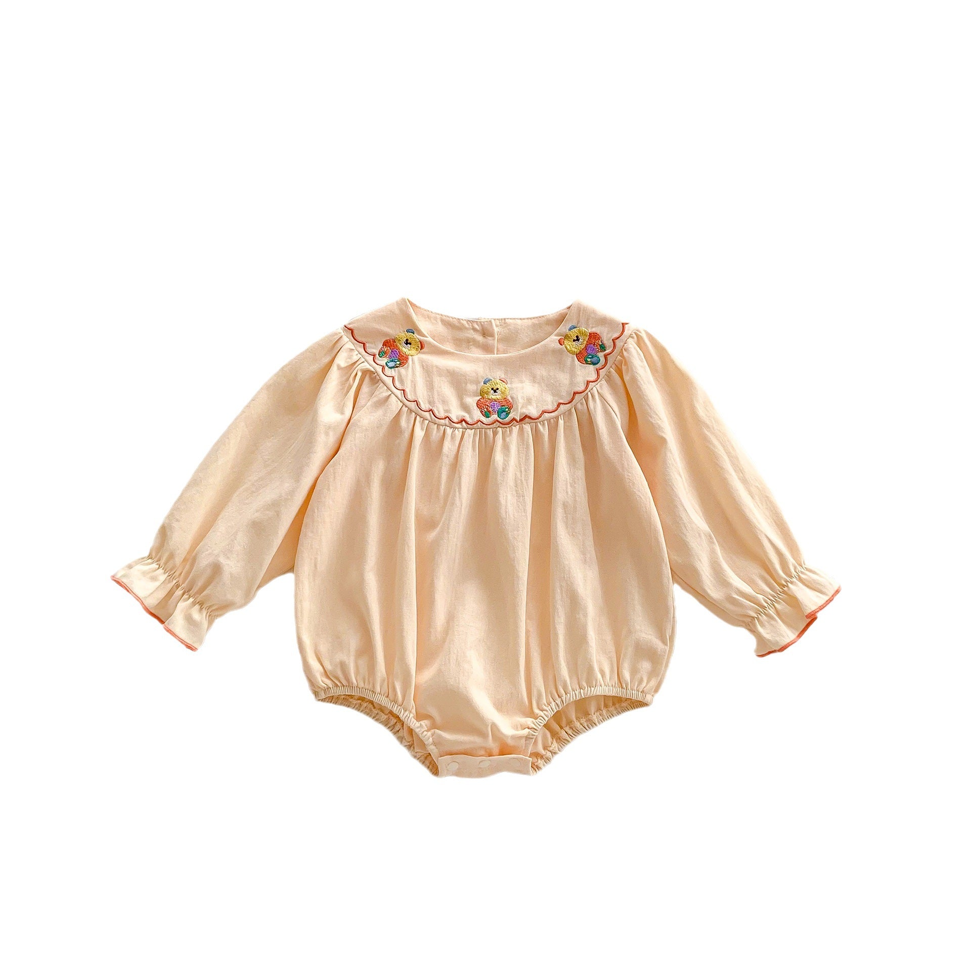 Embroidered design long sleeve apricot onesies for baby girls, featuring floral patterns and soft cotton material.