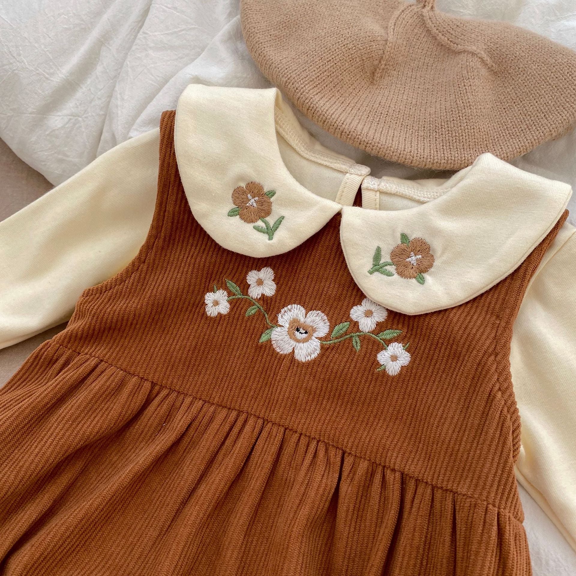 Embroidered Design Triangle Onesies with Blouse Sets in brown color for baby girls, featuring floral embroidery and a stylish blouse.