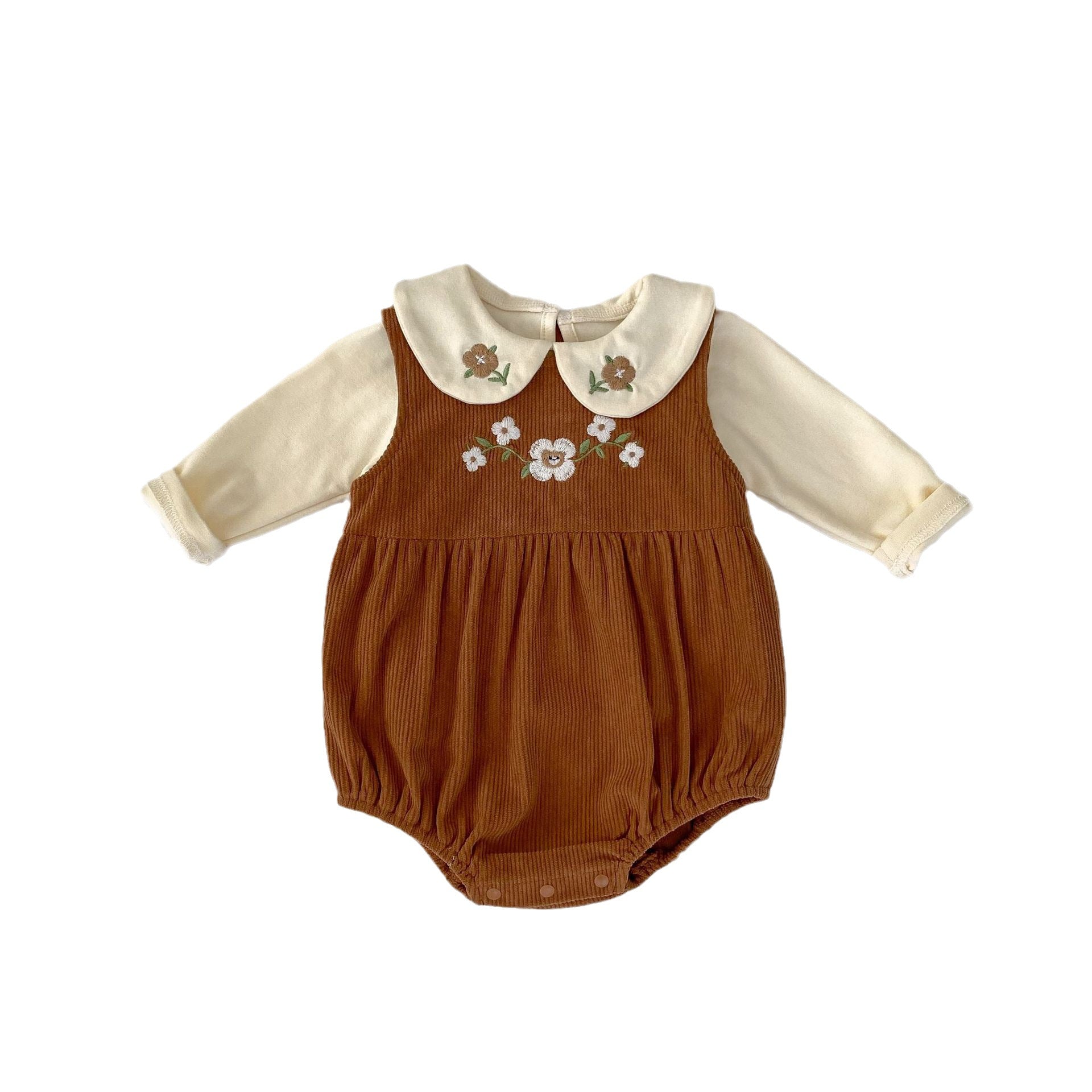 Embroidered Design Triangle Onesies with Blouse Sets in brown color for baby girls, featuring floral embroidery and a stylish blouse.