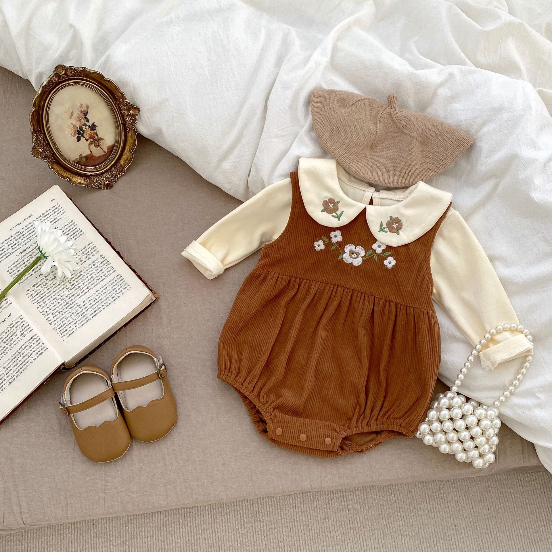 Embroidered Design Triangle Onesies with Blouse Sets in brown color for baby girls, featuring floral embroidery and a stylish blouse.