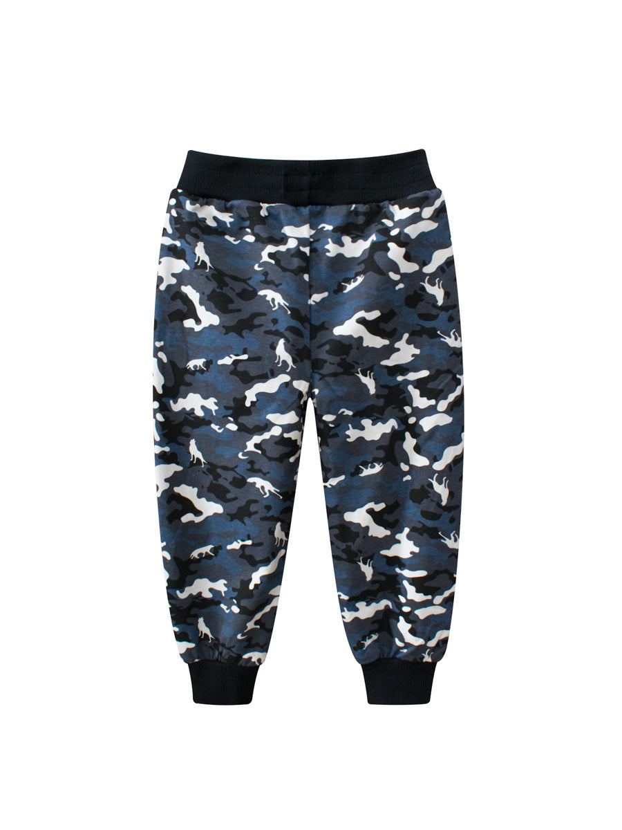 European and American children's spring cotton camouflage pants for boys, featuring a stylish design in black with a comfortable fit.