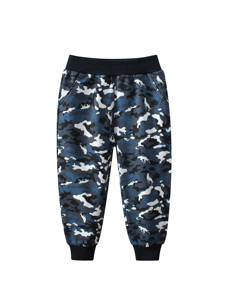 European and American children's spring cotton camouflage pants for boys, featuring a stylish design in black with a comfortable fit.