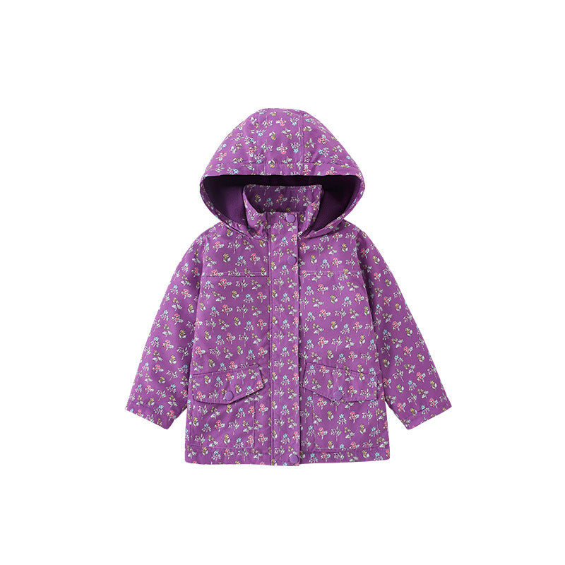 A stylish purple hooded zip-up jacket for girls featuring a floral pattern, perfect for spring, autumn, and winter wear.