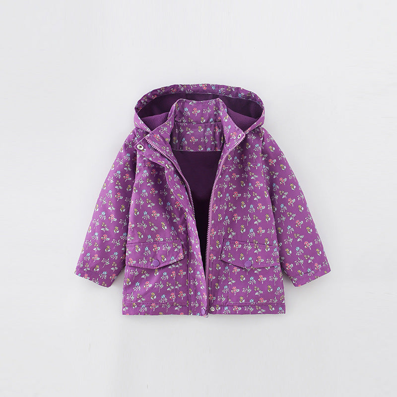 A stylish purple hooded zip-up jacket for girls featuring a floral pattern, perfect for spring, autumn, and winter wear.