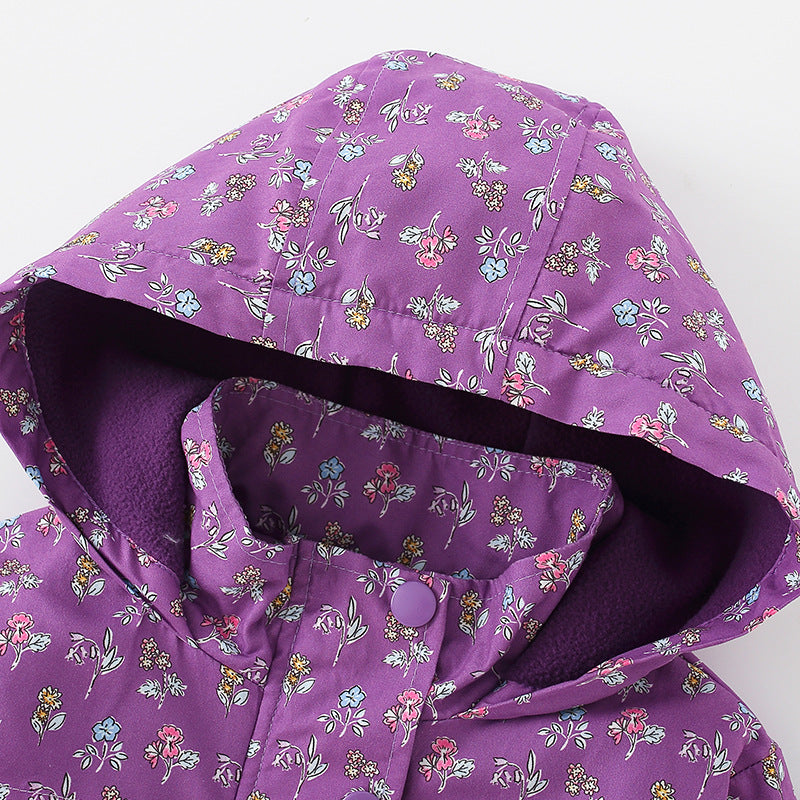 A stylish purple hooded zip-up jacket for girls featuring a floral pattern, perfect for spring, autumn, and winter wear.