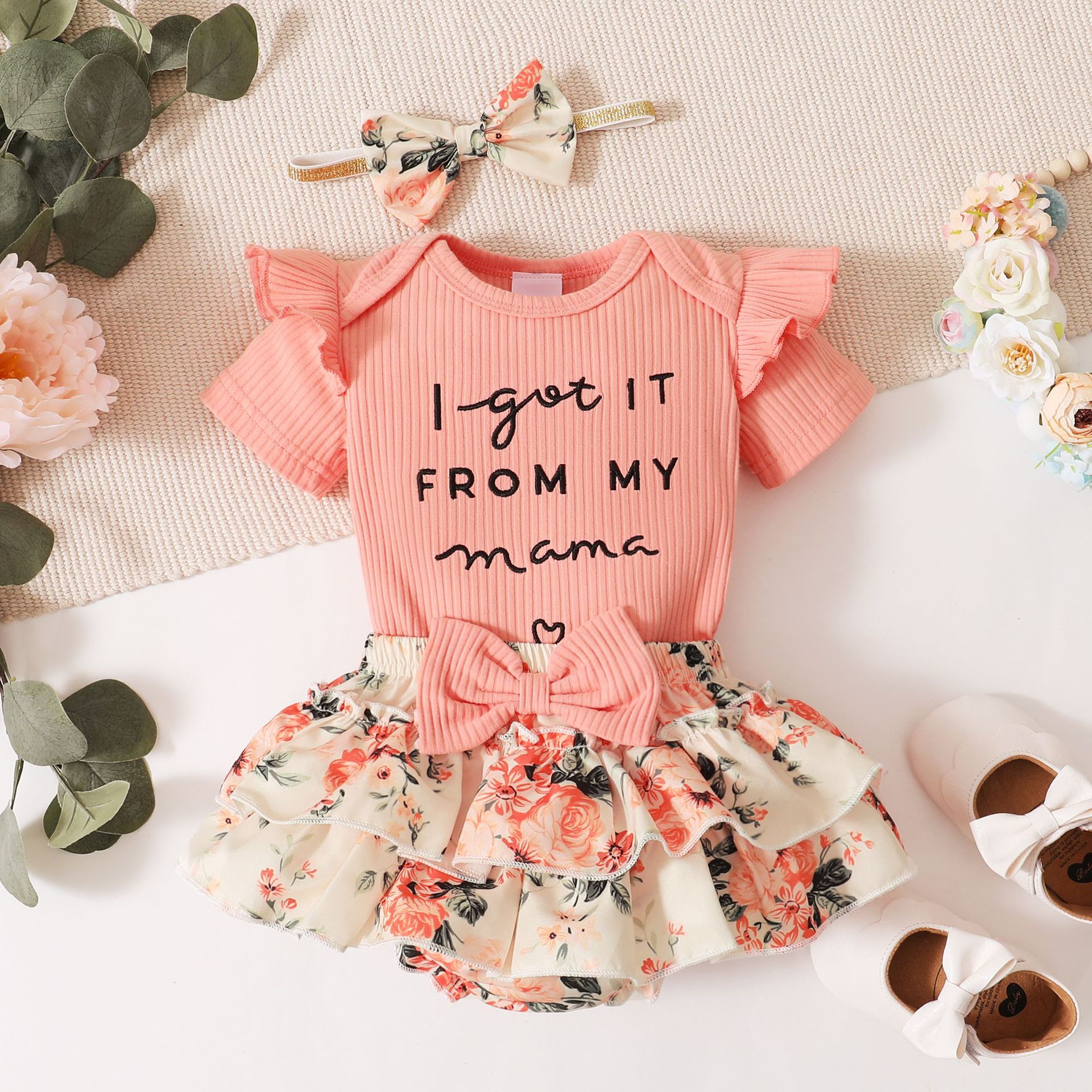 Fairy Fan Ying Tong Summer Set for infants, featuring a cute princess design with floral and letter patterns, perfect for summer wear.