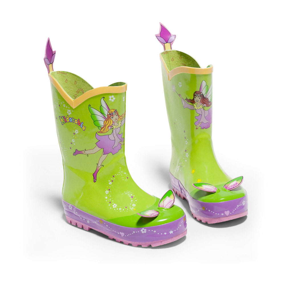 A pair of colorful Kidorable Fairy Rain Boots with flower design, perfect for children, displayed on a white background.