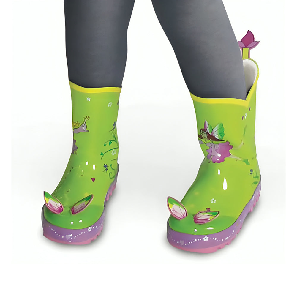 A pair of colorful Kidorable Fairy Rain Boots with flower design, perfect for children, displayed on a white background.