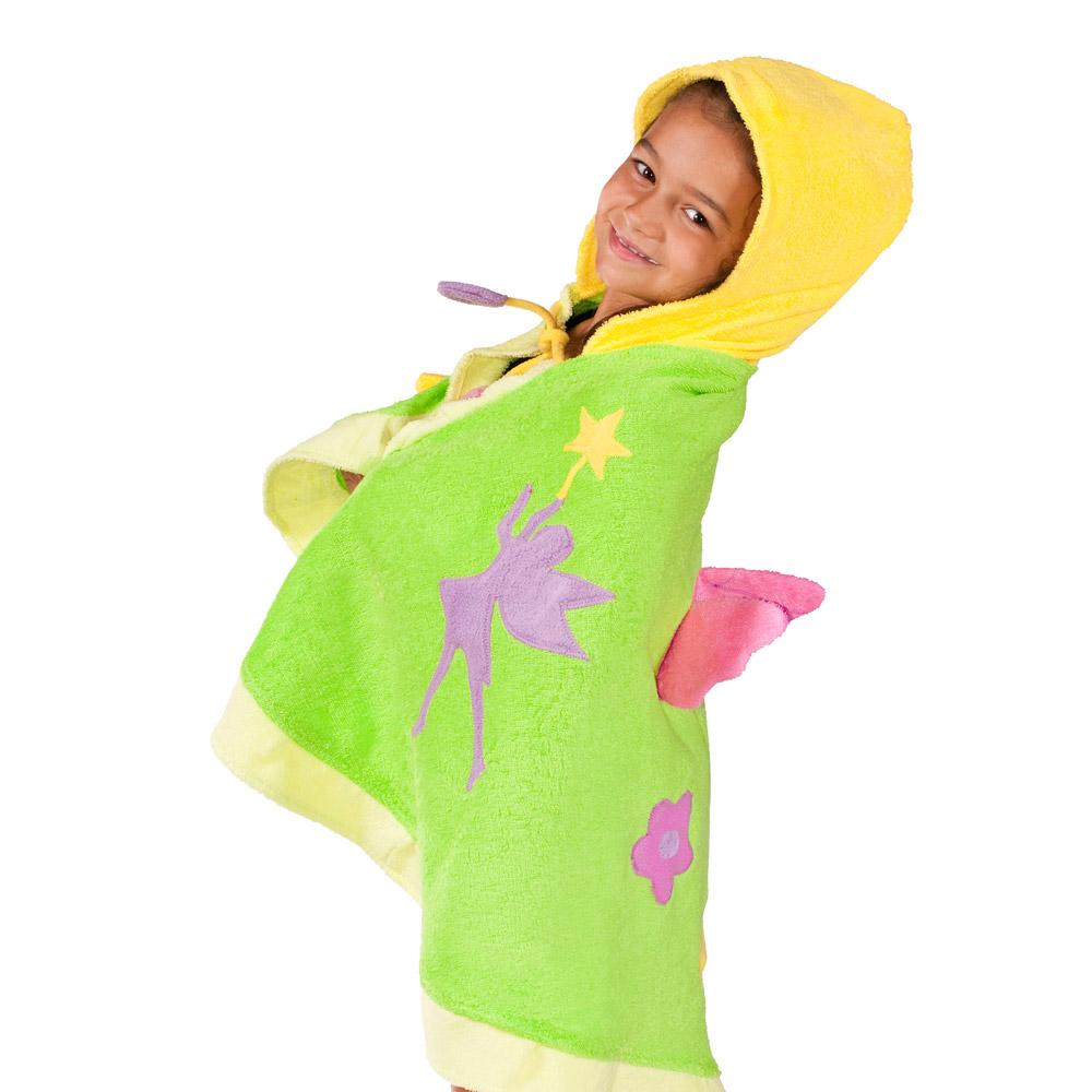 Kidorable Fairy Towel featuring a soft cotton design with a fairy hood, flower tie, and wings on the back, perfect for kids.