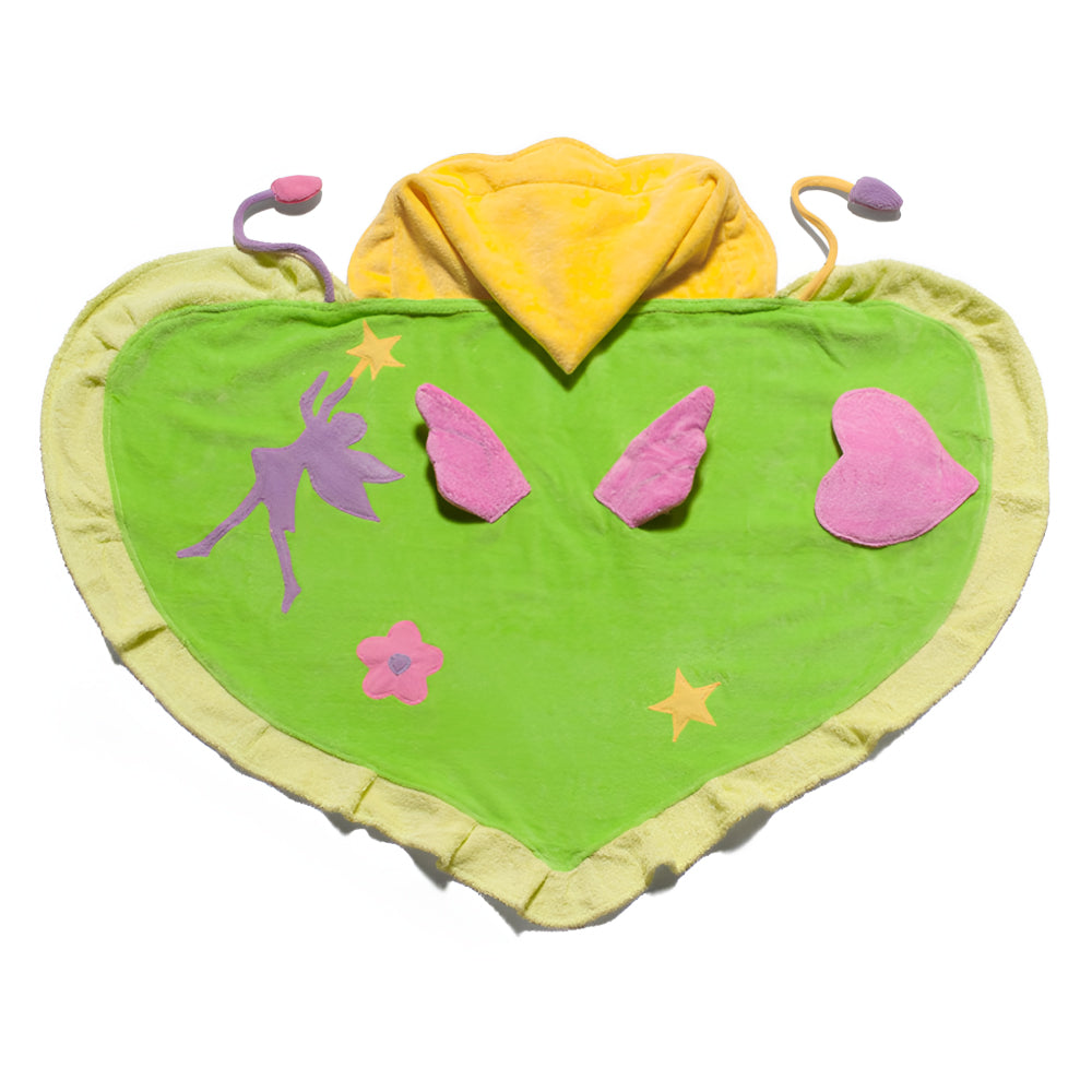 Kidorable Fairy Towel featuring a soft cotton design with a fairy hood, flower tie, and wings on the back, perfect for kids.