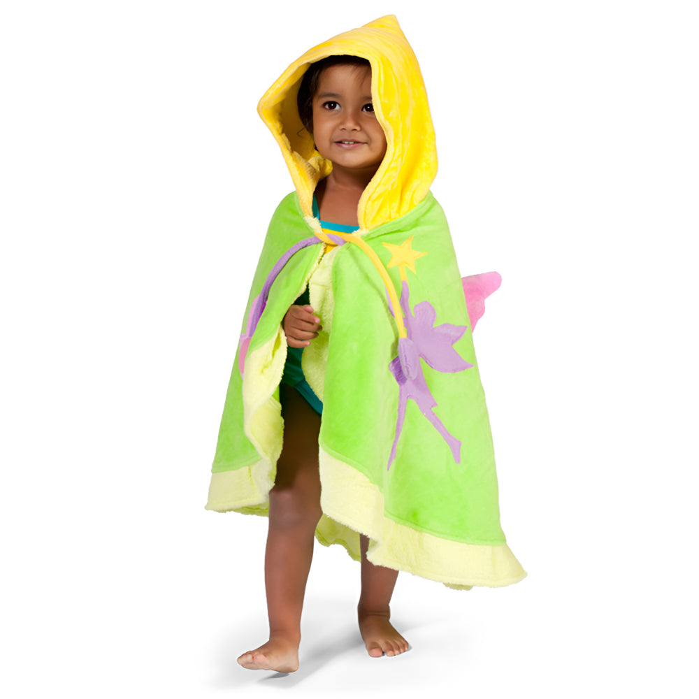 Kidorable Fairy Towel featuring a soft cotton design with a fairy hood, flower tie, and wings on the back, perfect for kids.