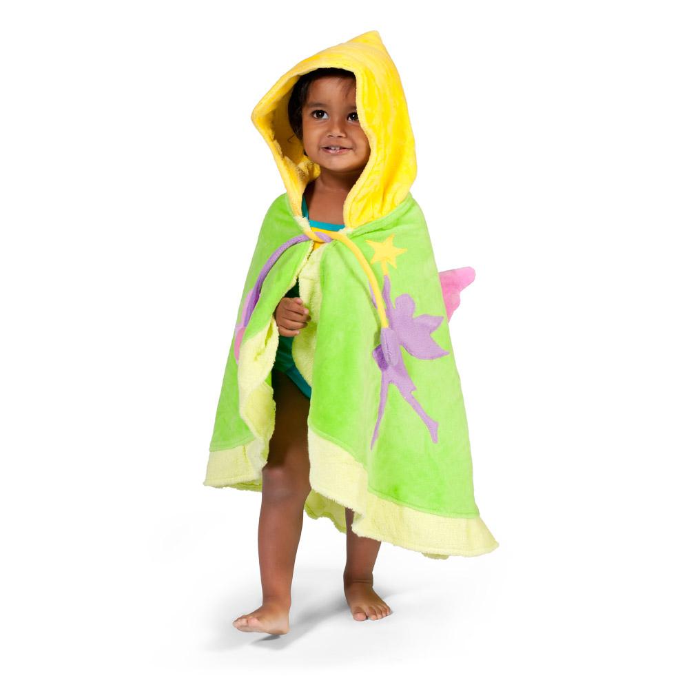 Kidorable Fairy Towel featuring a soft cotton design with a fairy hood, flower tie, and wings on the back, perfect for kids.