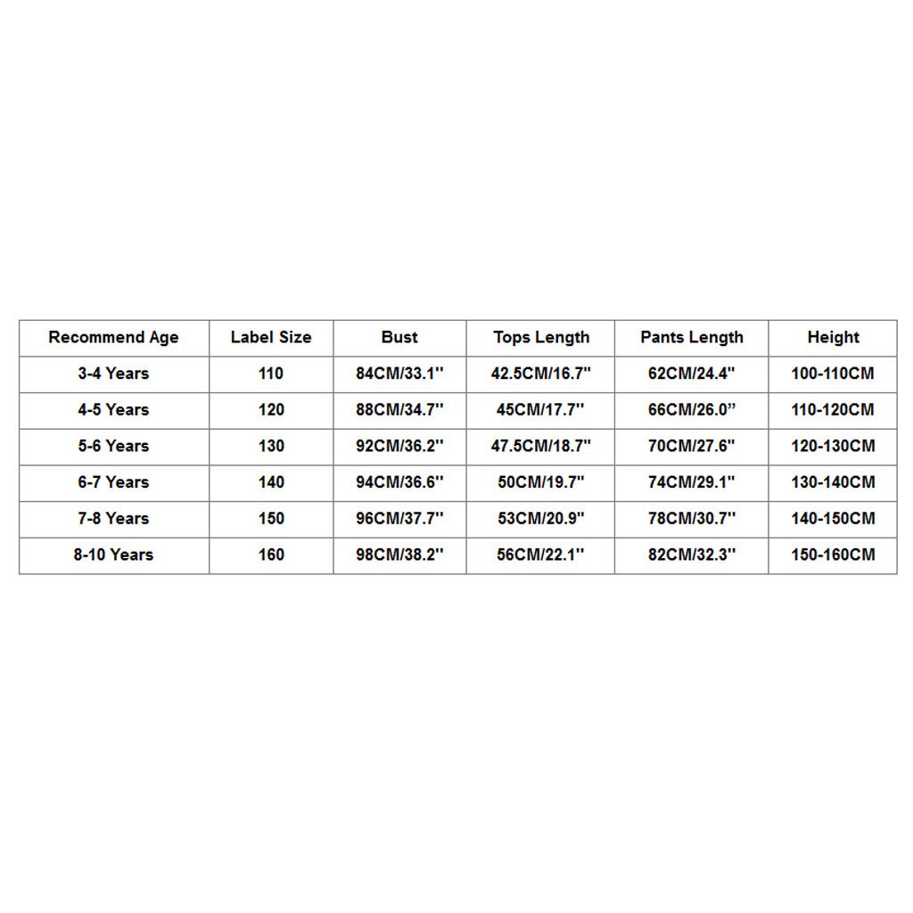 Children's clothing size chart.