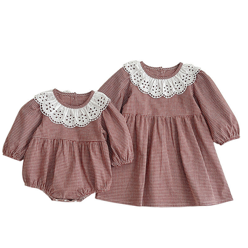 Fashion Lace Collar Long Sleeve Baby Onesies and Girl Dress in red and brown colors, featuring a stylish lace collar and plaid pattern.