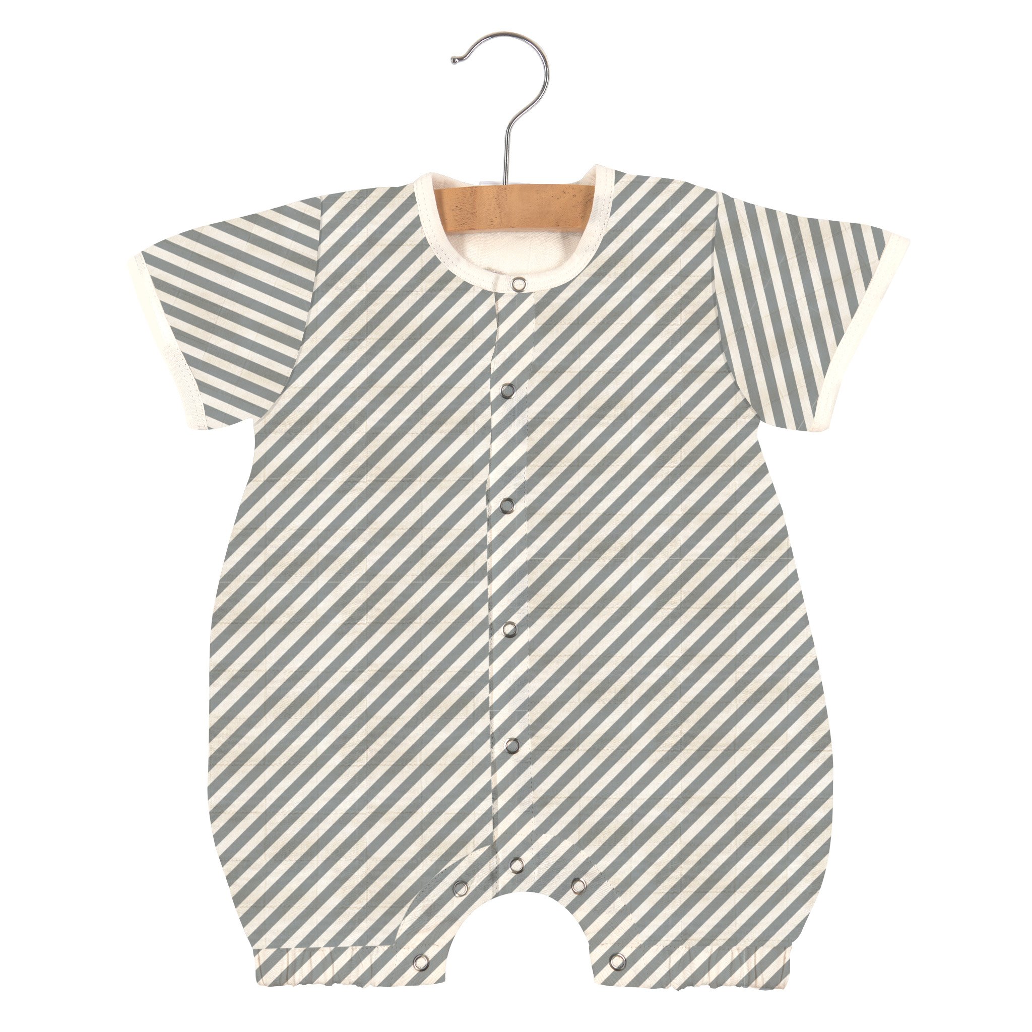 Finley Stripe Bamboo Newcastle Mini Romper in soft bamboo muslin with snap openings for easy dressing.