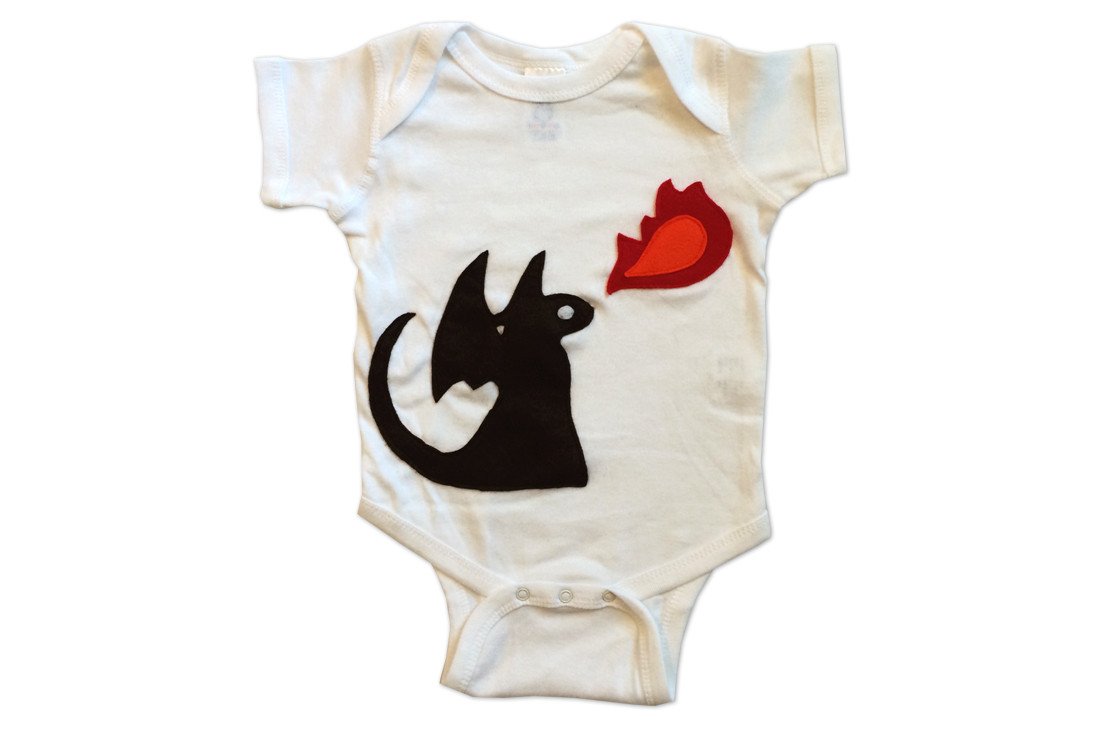 A vibrant fire dragon infant bodysuit featuring colorful felt appliqué, perfect for stylish babies.