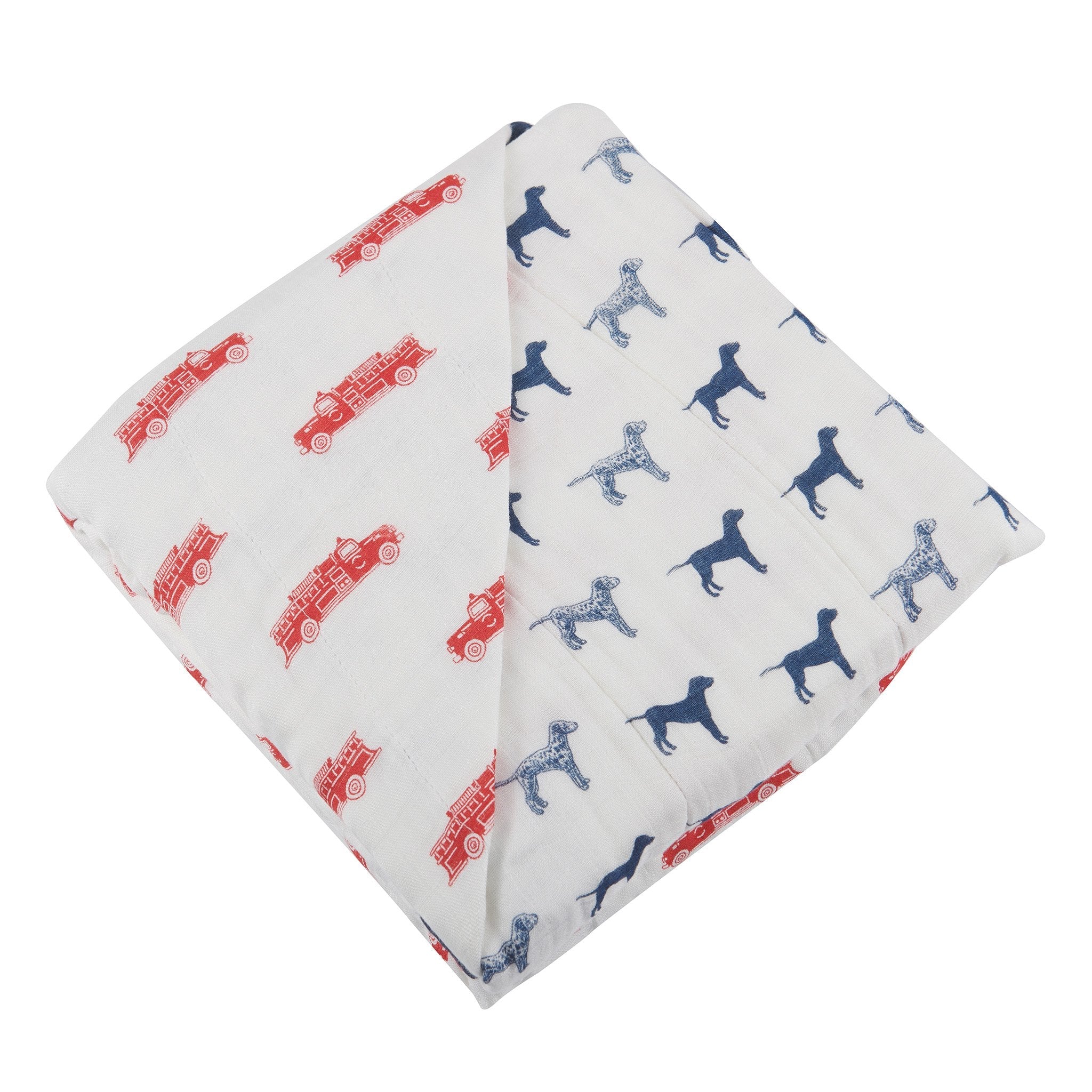 Fire Truck and Dalmatian Bamboo Muslin Blanket, soft and cozy, perfect for kids, featuring vibrant colors and playful design.