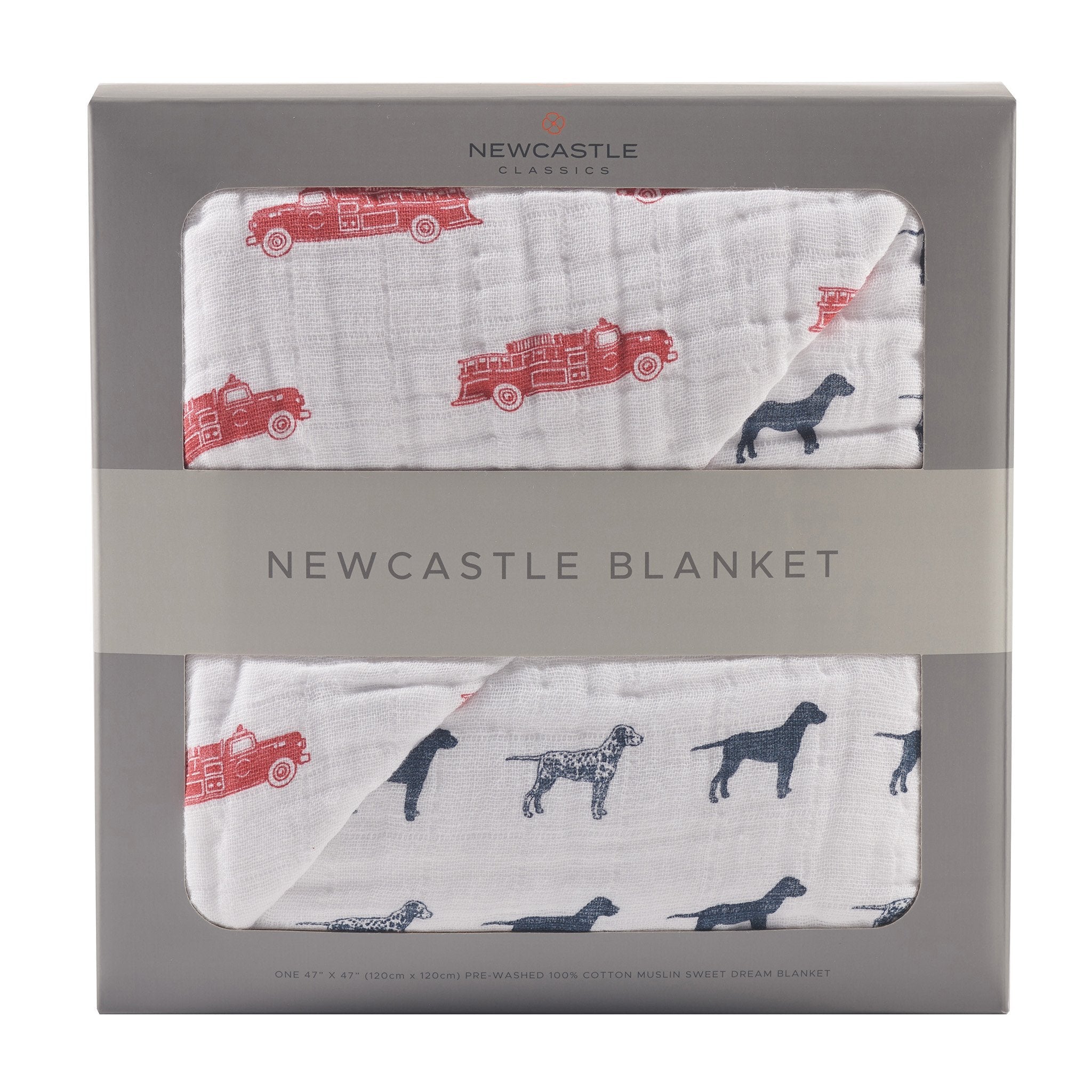 Cozy cotton muslin blanket featuring fire truck and Dalmatian designs, perfect for kids.