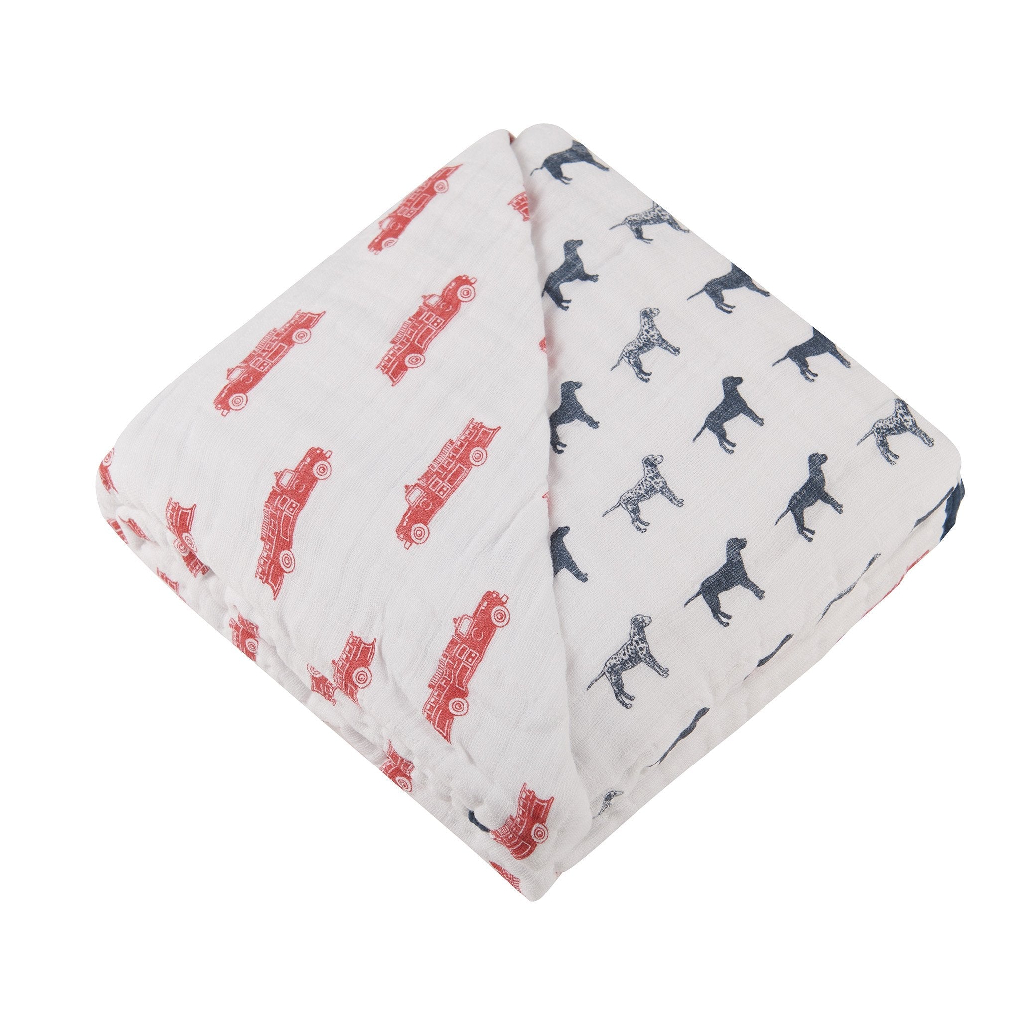 Cozy cotton muslin blanket featuring fire truck and Dalmatian designs, perfect for kids.