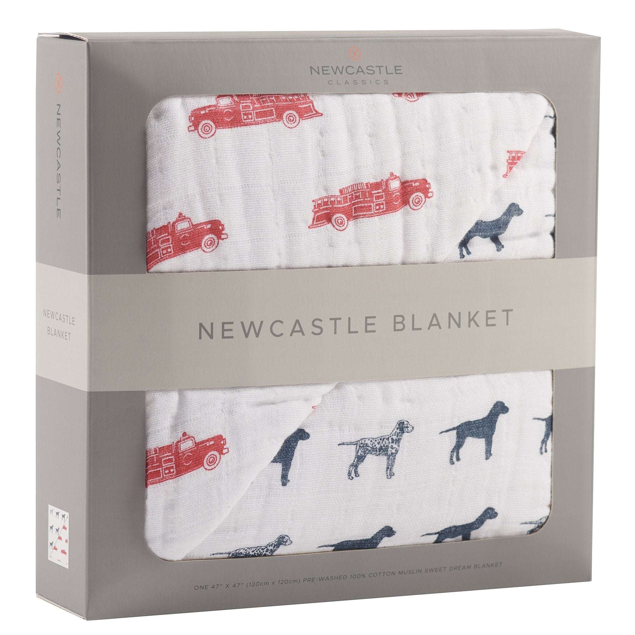 Cozy cotton muslin blanket featuring fire truck and Dalmatian designs, perfect for kids.