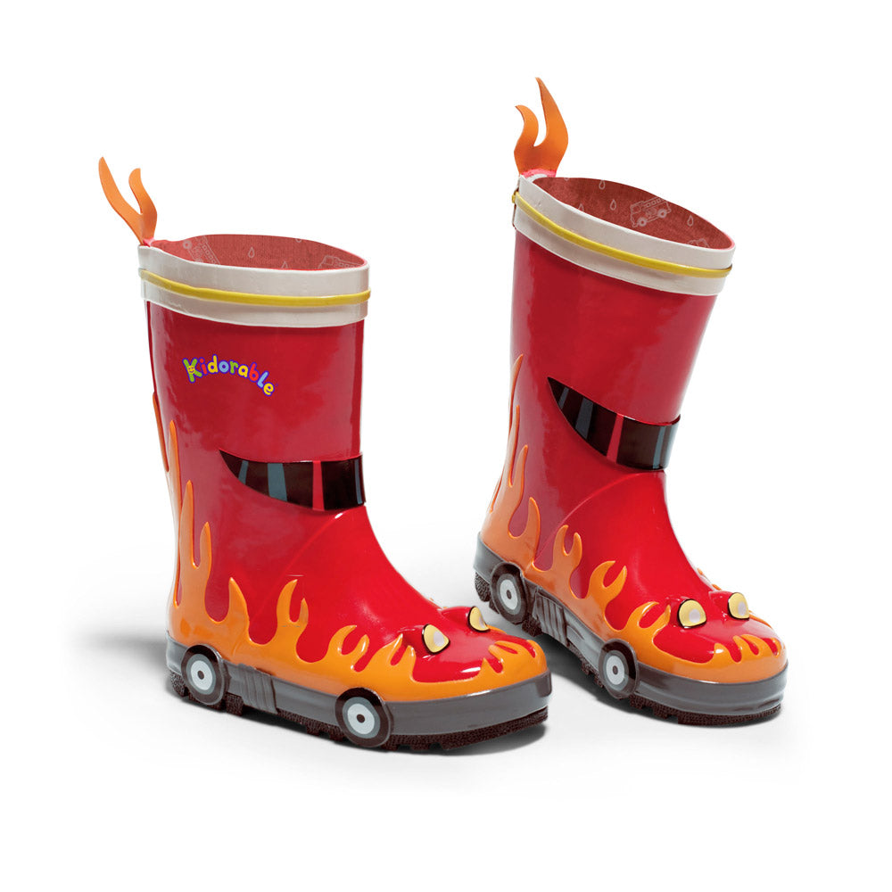 Kidorable Fireman Rain Boots featuring vibrant fire truck design with wheels, flames, and easy pull-on flame heel tab.