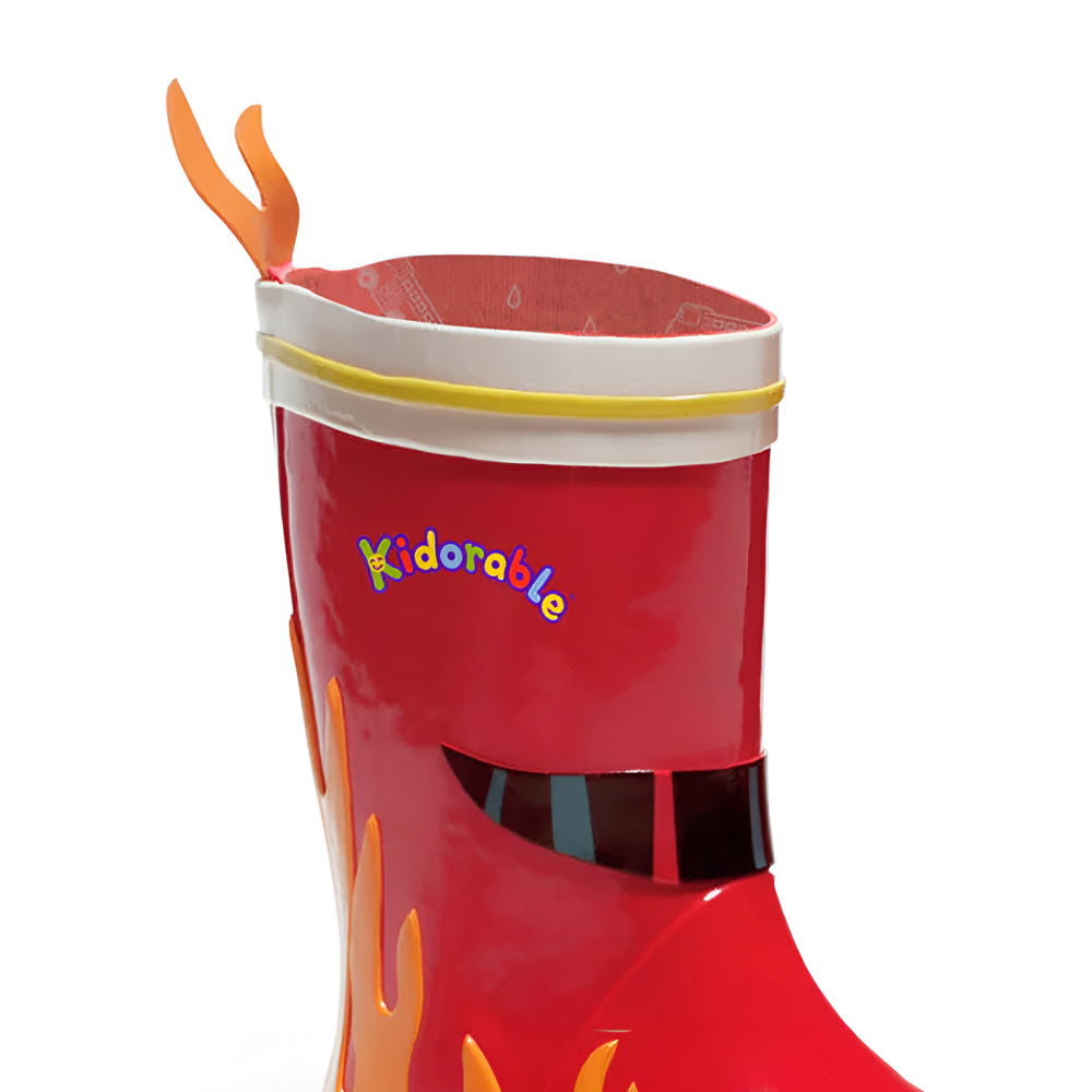 Kidorable Fireman Rain Boots featuring vibrant fire truck design with wheels, flames, and easy pull-on flame heel tab.