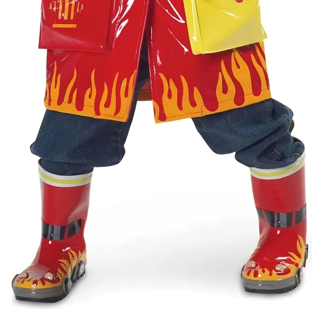 Kidorable Fireman Rain Boots featuring vibrant fire truck design with wheels, flames, and easy pull-on flame heel tab.