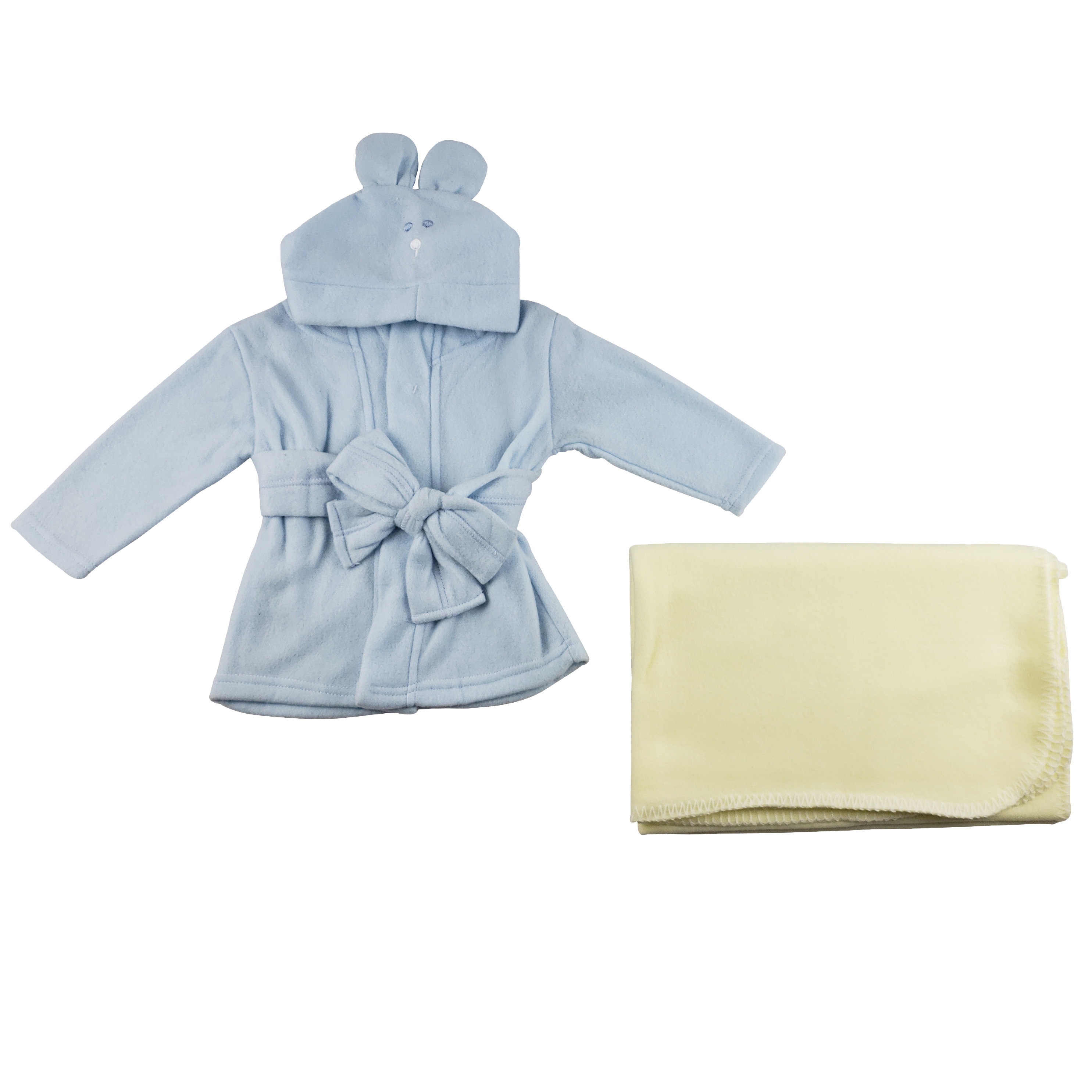 A cozy blue fleece robe with a hoodie and a soft yellow polarfleece blanket, perfect for newborns.