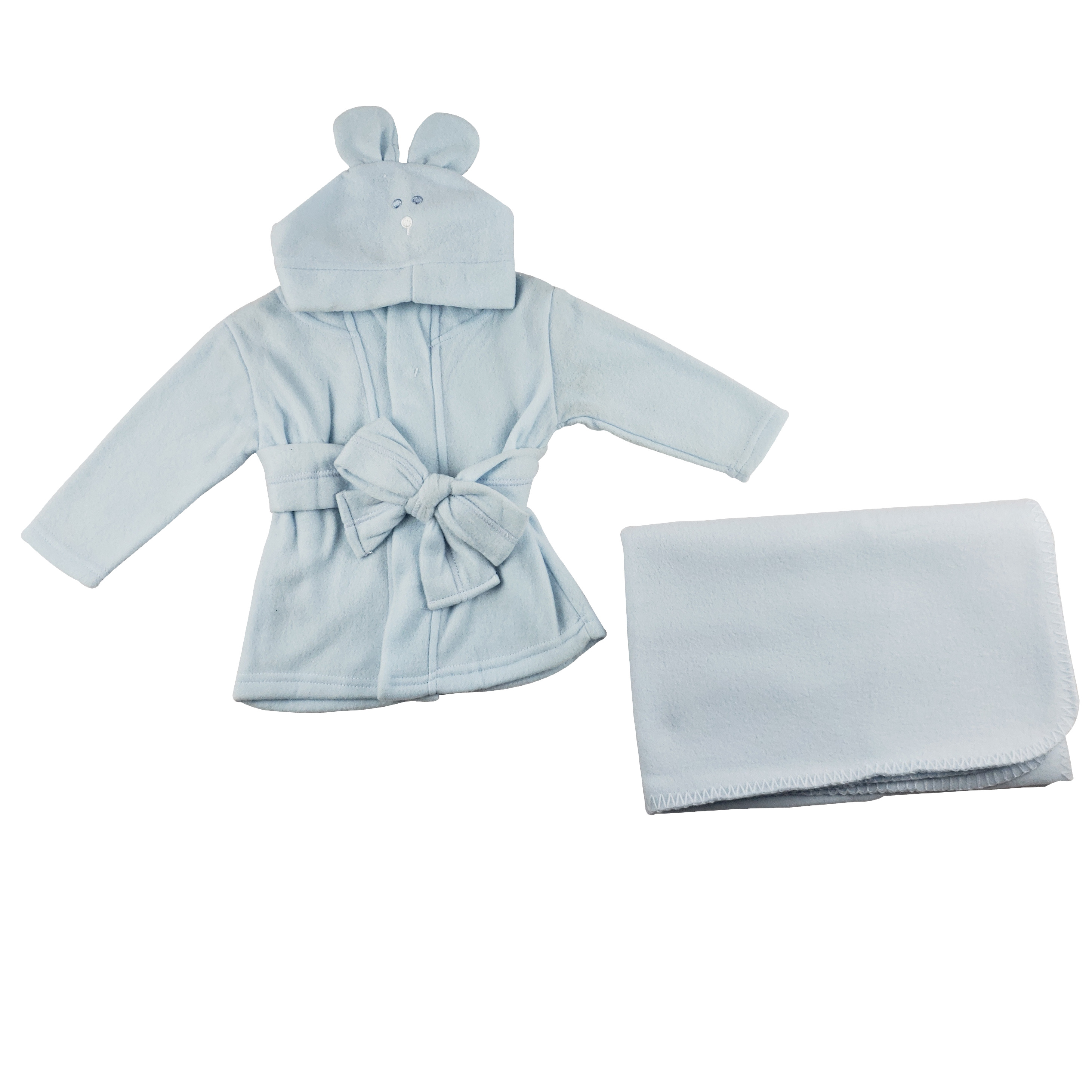 A cozy blue fleece robe with a hoodie and a matching blue polarfleece blanket, perfect for newborns.